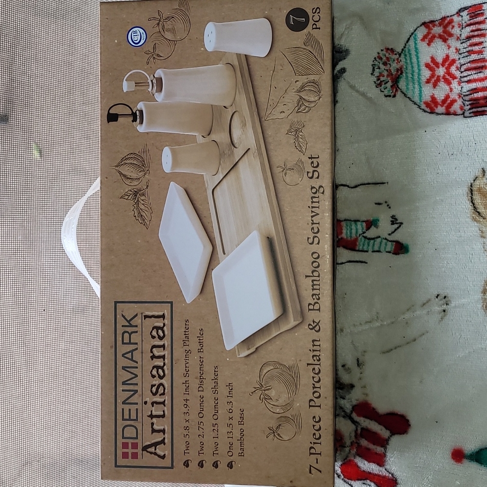 NIB 7 PC Artisanal Porcelain & Bamboo Serving set